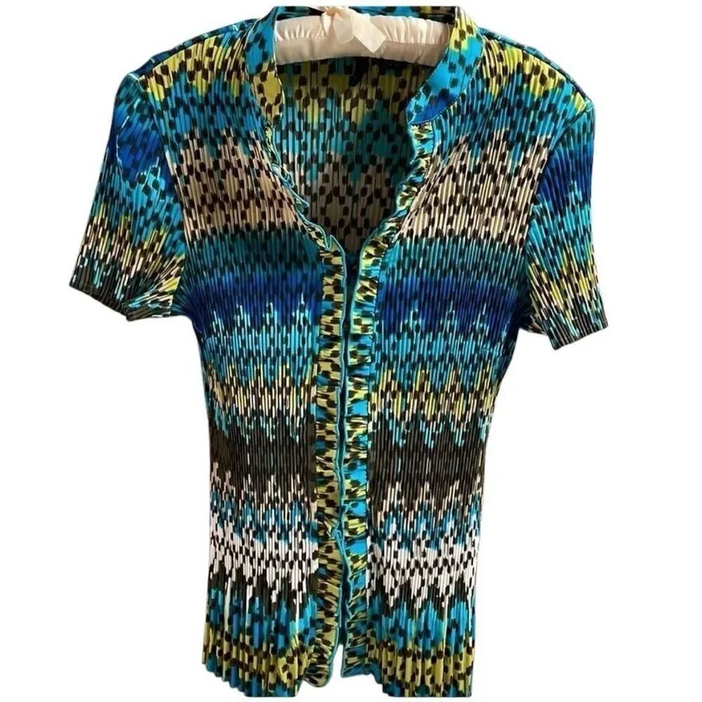 Nue Options Womens Petite Pleated Stretch Blouse Size Petite M Teal Multicolor